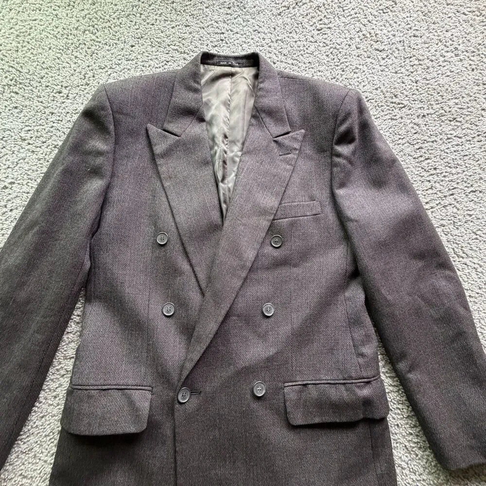 Vintage Mens 37 Wool Blazer Double Breasted Made USA Gray Peak Lapel Suit Jacket